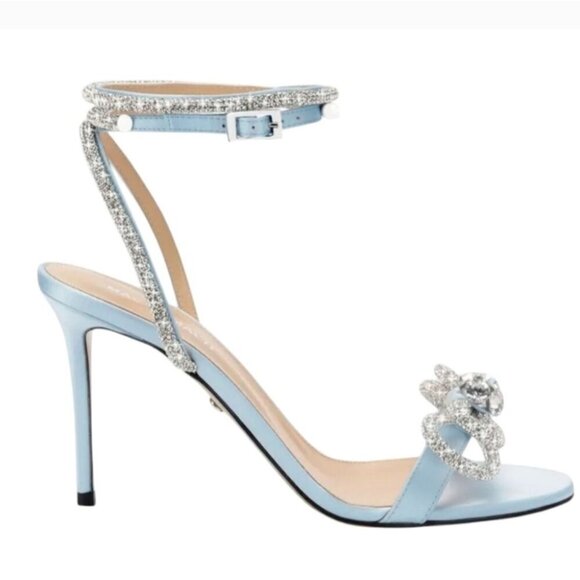NIB MACH & MACH | Double Bow Round Toe Satin Sandals Heels Pumps Blue Sz 10B 40 - Picture 5 of 12
